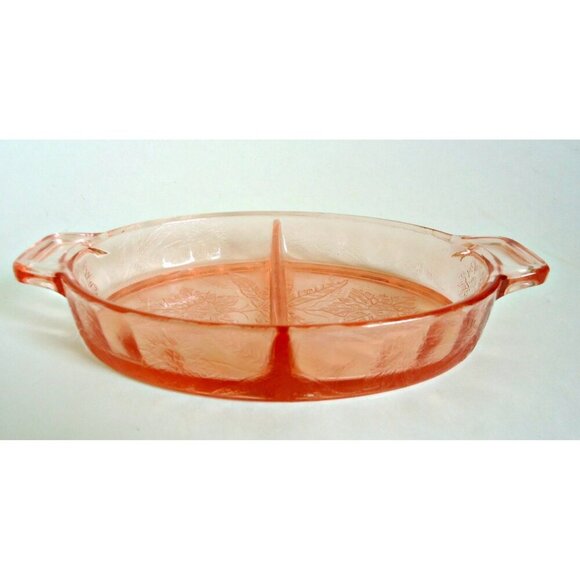 Jeannette Pink Glass Floral Poinsettia Divided Relish Oval Handled Dish 1931-35 - Picture 3 of 3